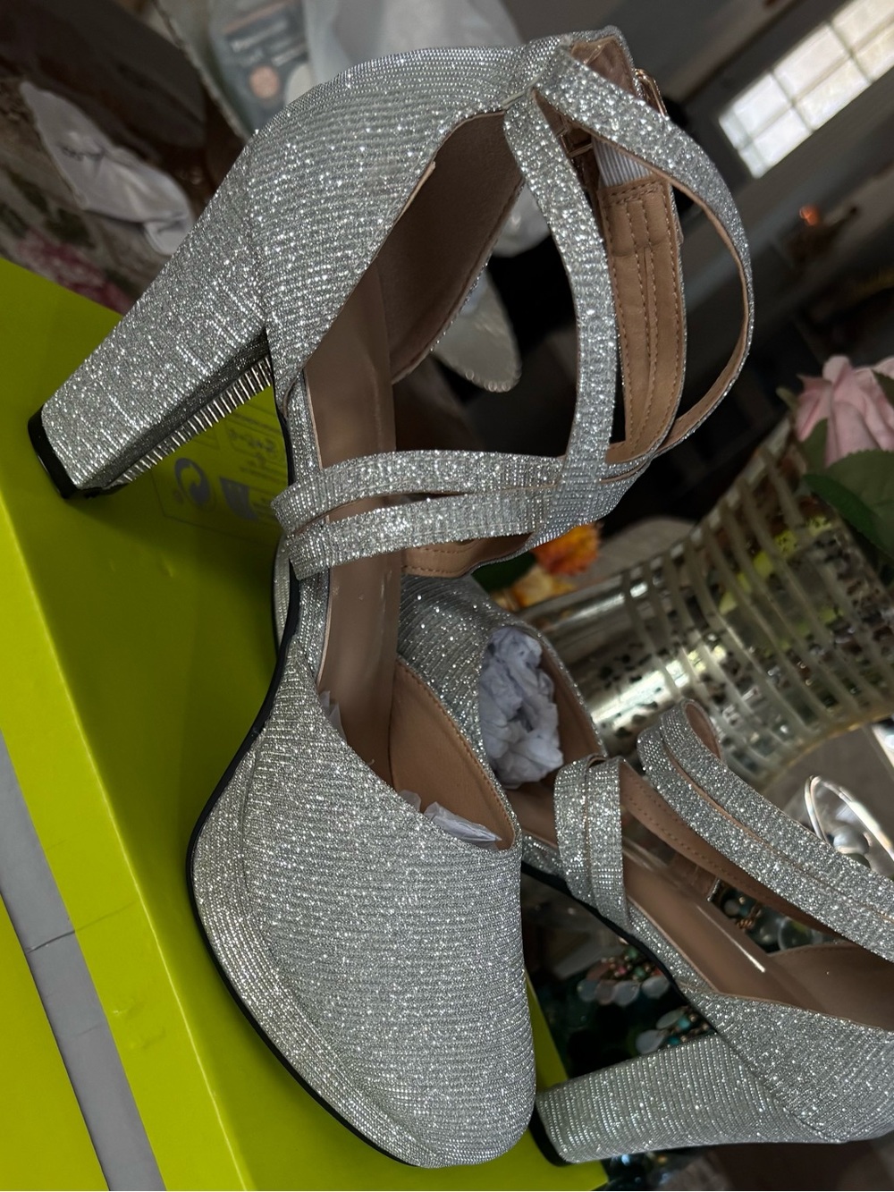 Silver Sparkle Strappy Block Heel Pumps - Women's Size 9 - Picture 2 of 8